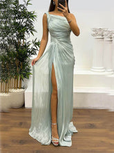 Elegant Fashion One-shoulder Pleated Ribbon Slim Slit Maxi Dress